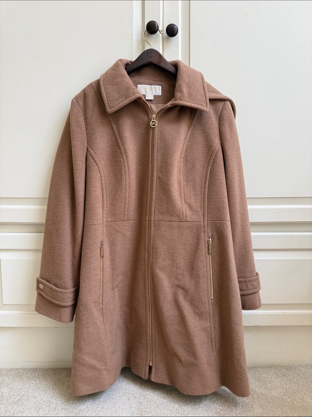 MICHAEL Michael Kors Rose Taupe Wool-Blend Trench Coat with Gold Zipper